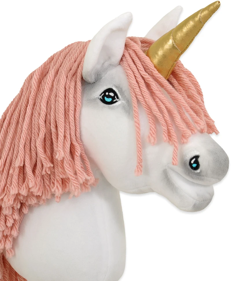 Super Hobby Horse Vienaragis ant lazdos Hobby Horse su rožine karčiene ir auksiniu ragu
