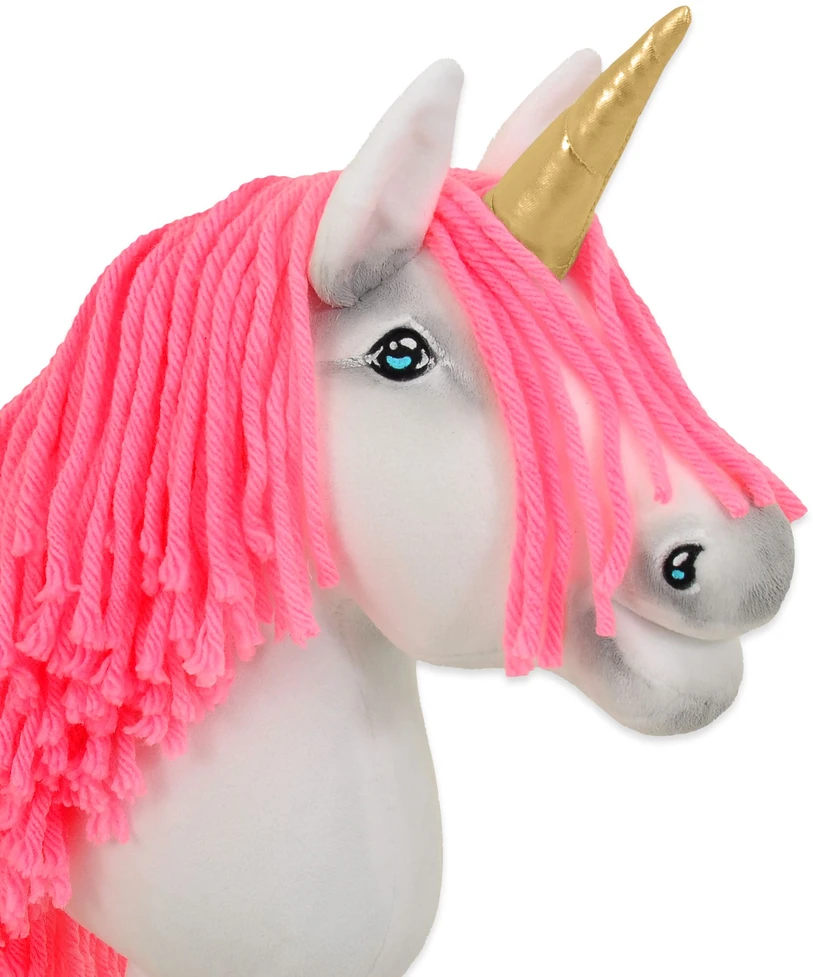 Super Hobby Horse Hobby Horse vienaragis ant lazdos su rožine karčiene ir auksiniu ragu