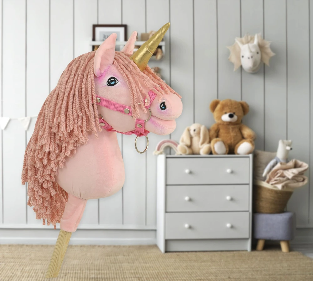 Super Hobby Horse Vienaragis ant lazdos Hobby Horse rožinis su auksiniu ragu