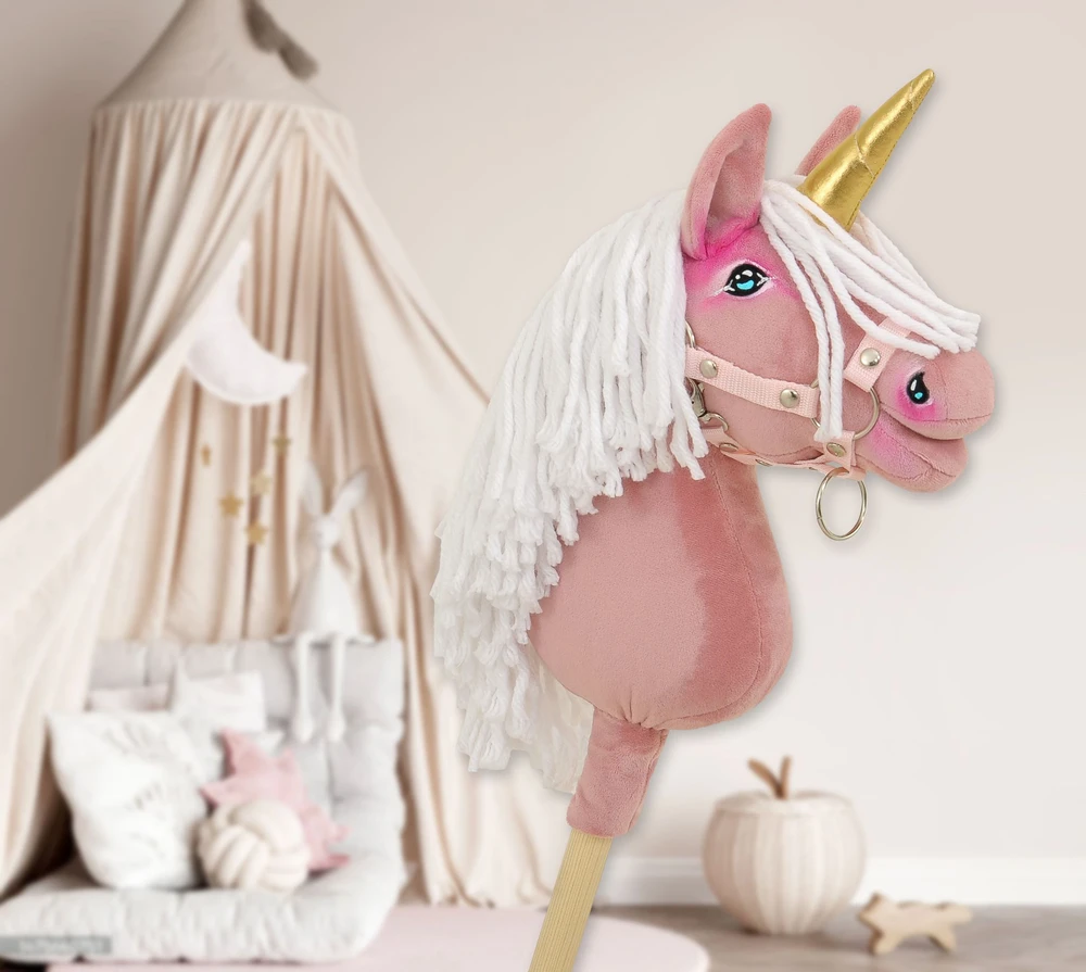 Super Hobby Horse Vienaragis Hobby Horse lazdoje pastelinės rožinės spalvos su balta karčiais A4