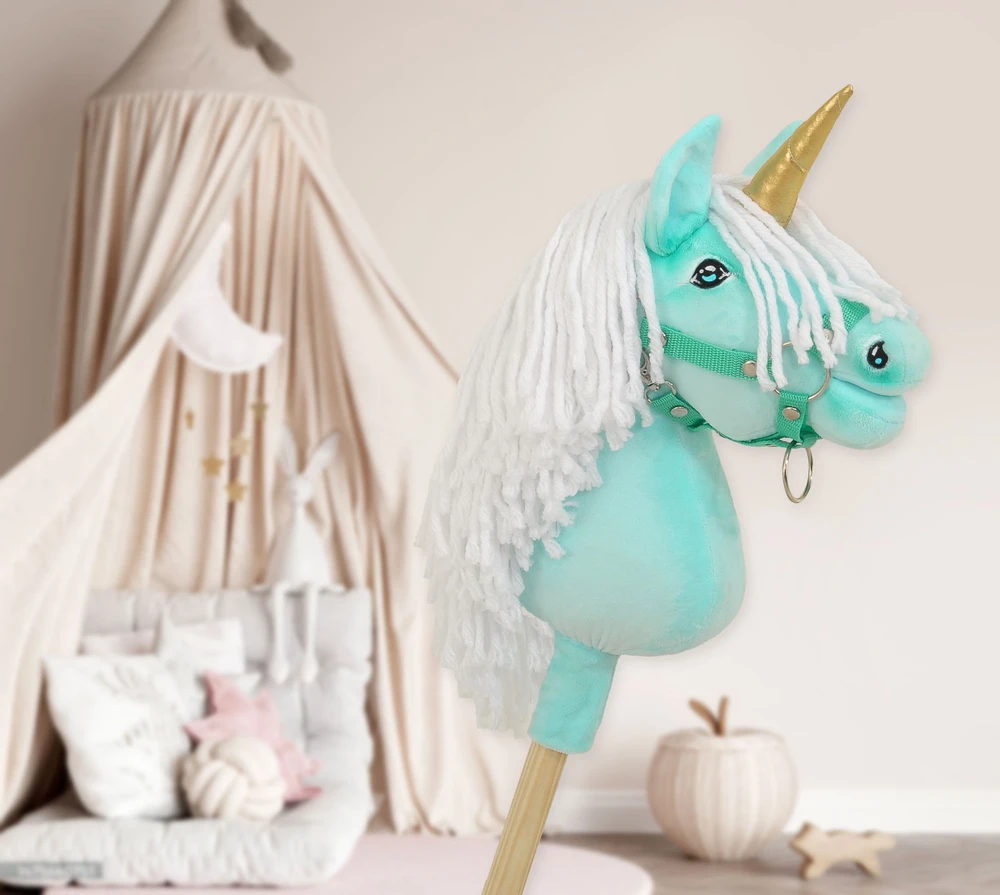 Super Hobby Horse Vienaragis Hobby Horse su lazda mėtų spalvos su balta karčiais ir auksiniu ragu