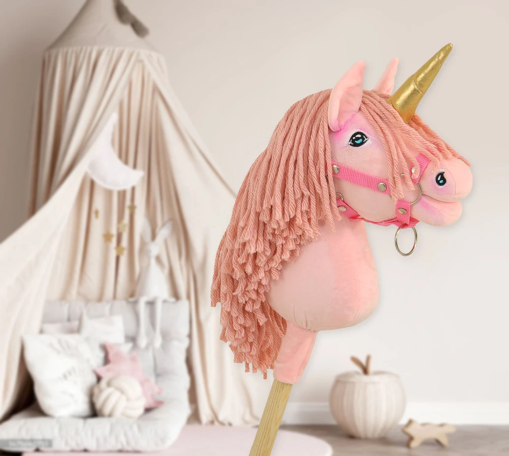 Super Hobby Horse Vienaragis ant lazdos Hobby Horse rožinis su auksiniu ragu
