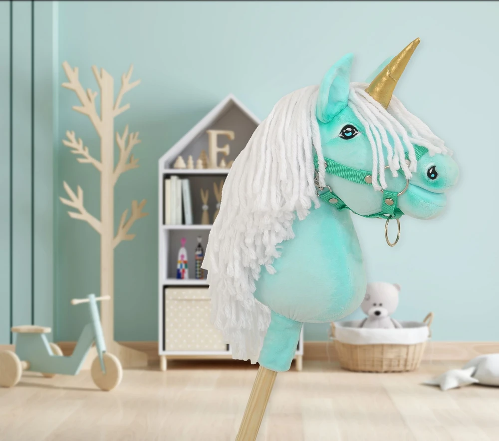 Super Hobby Horse Vienaragis Hobby Horse su lazda mėtų spalvos su balta karčiais ir auksiniu ragu