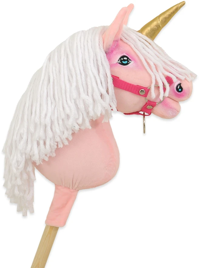 Super Hobby Horse Hobby Horse vienaragis ant lazdos rožinis su balta karčiene ir auksiniu ragu