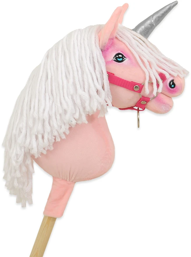 Super Hobby Horse Hobby Horse vienaragis ant lazdos rožinis su balta karčiene ir sidabriniu ragu