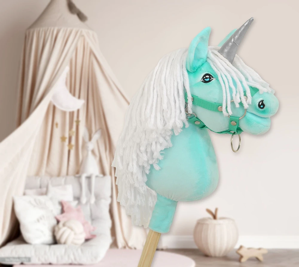 Super Hobby Horse Hobby Horse vienaragis ant lazdos mėtinės spalvos su balta karčiene