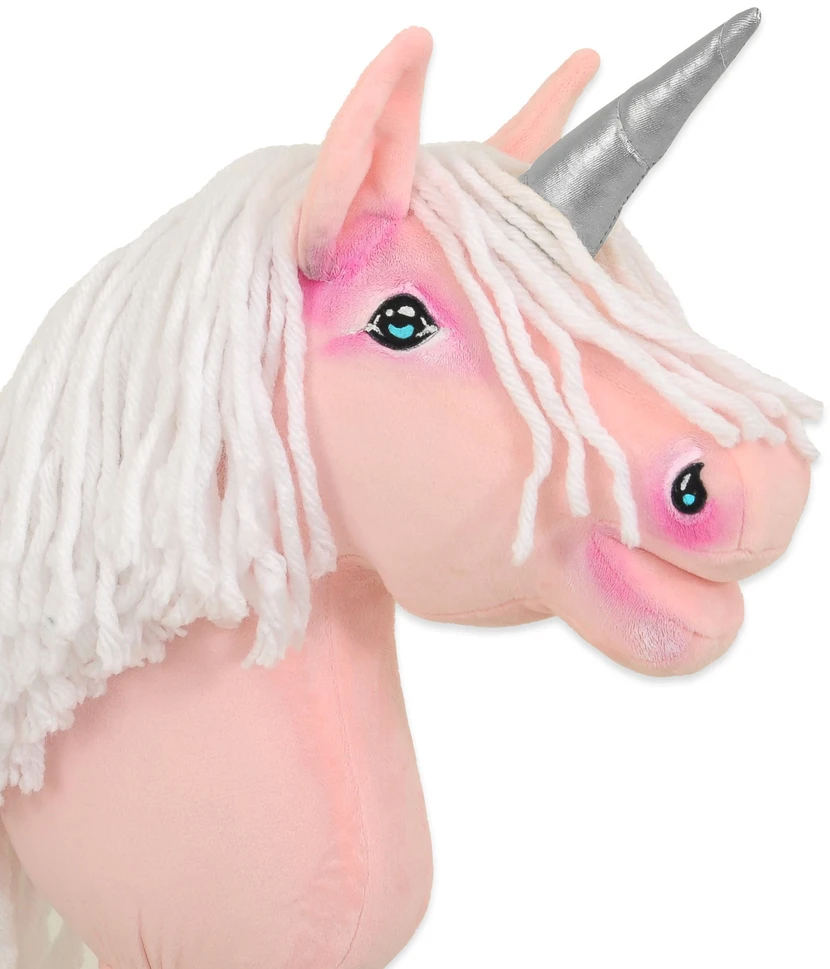 Super Hobby Horse Hobby Horse vienaragis ant lazdos rožinis su balta karčiene ir sidabriniu ragu
