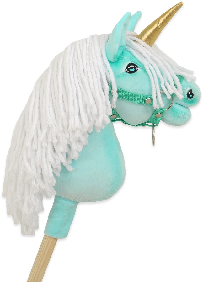 Super Hobby Horse Vienaragis Hobby Horse su lazda mėtų spalvos su balta karčiais ir auksiniu ragu