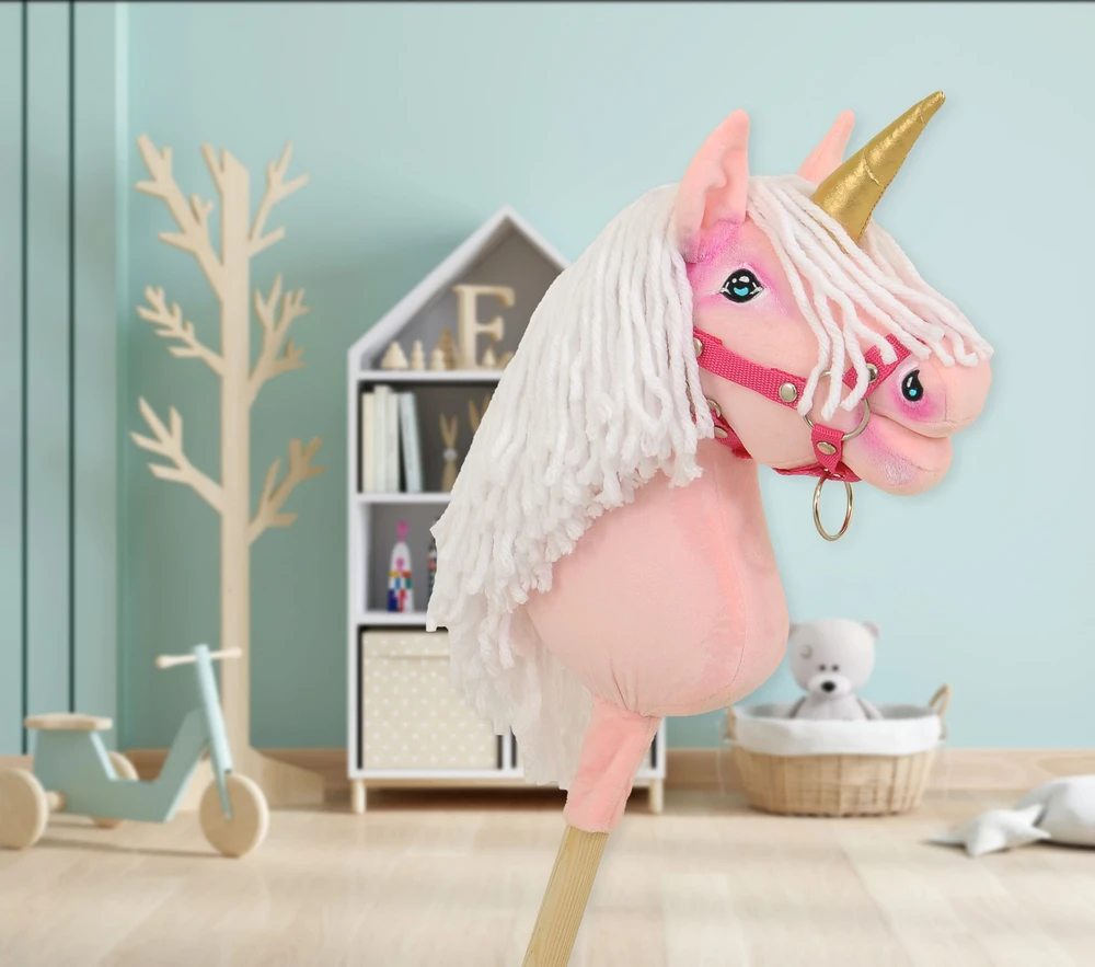 Super Hobby Horse Hobby Horse vienaragis ant lazdos rožinis su balta karčiene ir auksiniu ragu
