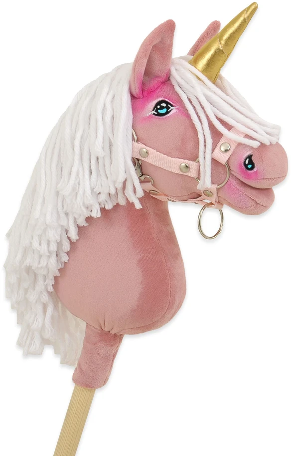 Super Hobby Horse Vienaragis Hobby Horse lazdoje pastelinės rožinės spalvos su balta karčiais A4