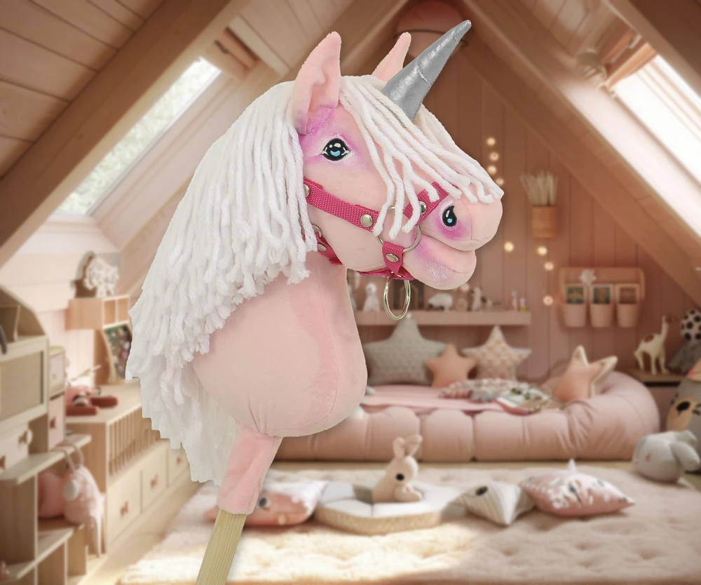 Super Hobby Horse Hobby Horse vienaragis ant lazdos rožinis su balta karčiene ir sidabriniu ragu