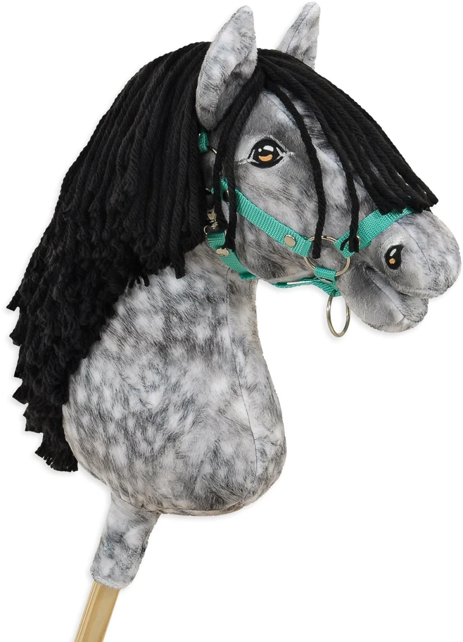 Super Hobby Horse Medinis žirgas su pilku margu kailiu ir juoda karčia