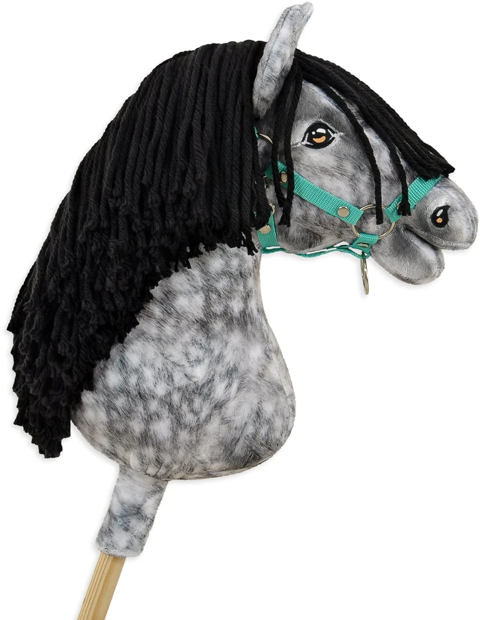 Super Hobby Horse Medinis žirgas su pilku margu kailiu ir juoda karčia