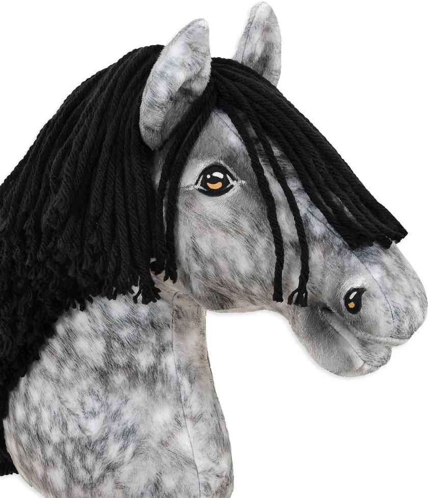 Super Hobby Horse Medinis žirgas su pilku margu kailiu ir juoda karčia