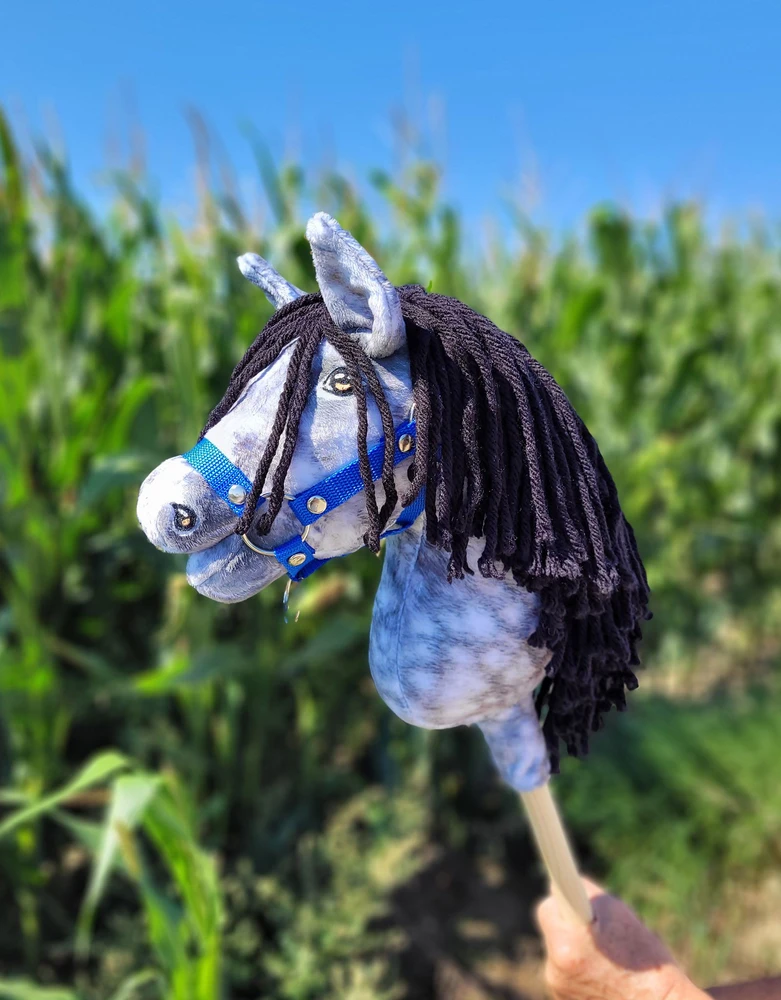 Super Hobby Horse Žirgas ant lazdelės vaikams, pilkas su juoda griva