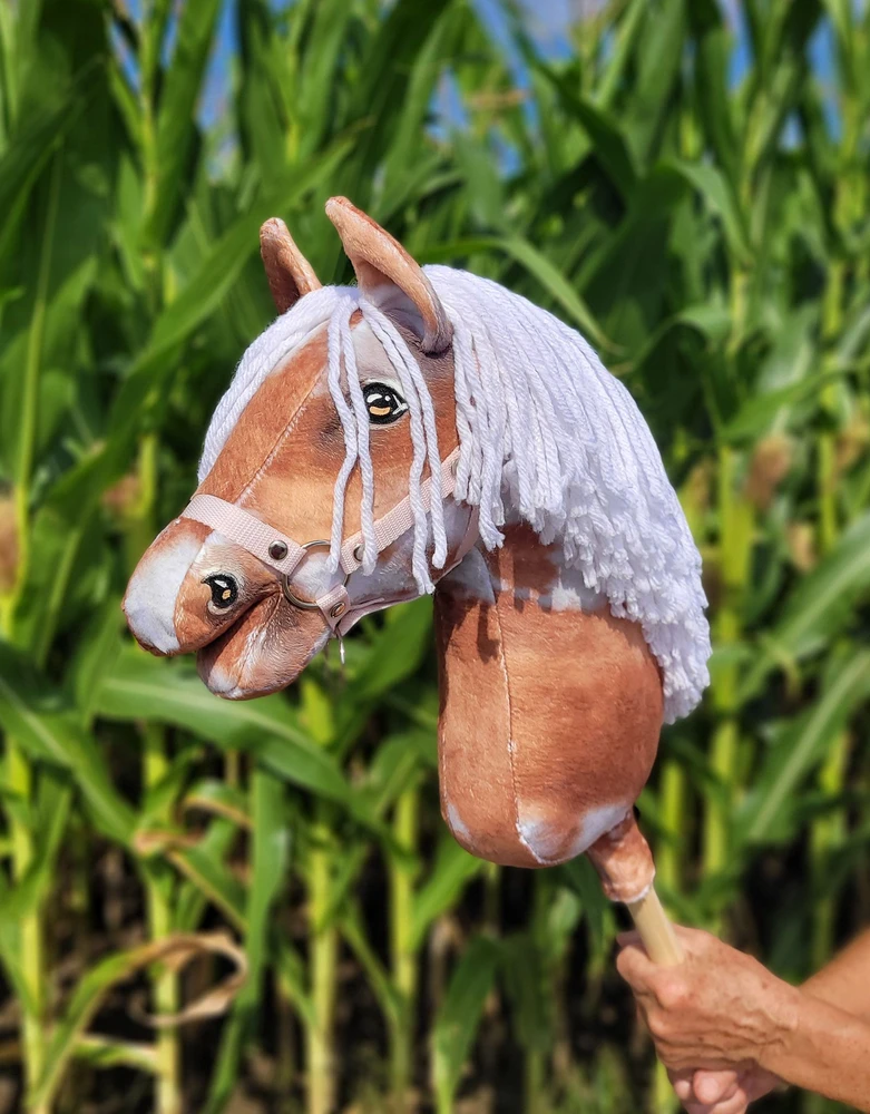 Super Hobby Horse Medinis žirgas su kotu – rudas tobiano su balta karčiais