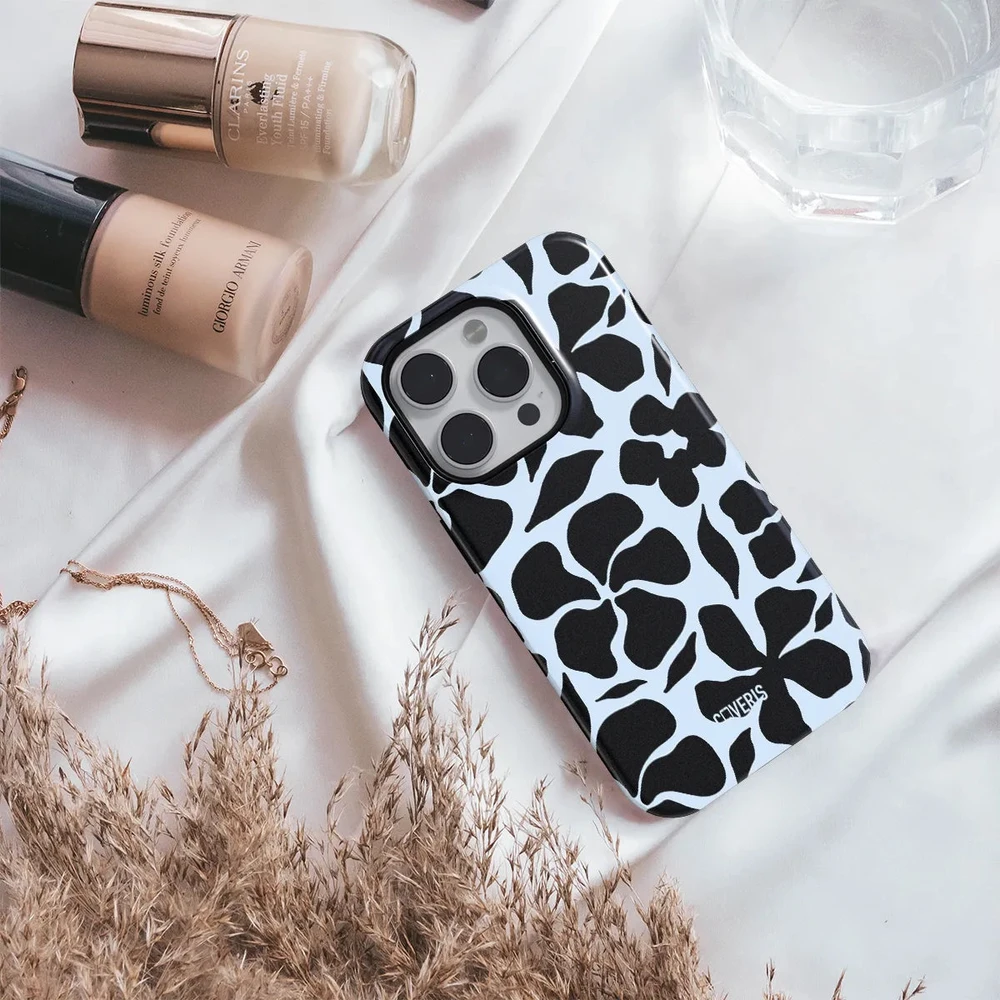 Coveris Telefono dėklas Magsafe "Juodas flowers" iPhone 12-17, Samsung S22-26, Google Pixel 10/Pro/ProXL modeliams