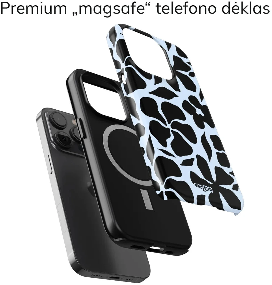 Coveris Telefono dėklas Magsafe "Juodas flowers" iPhone 12-17, Samsung S22-26, Google Pixel 10/Pro/ProXL modeliams