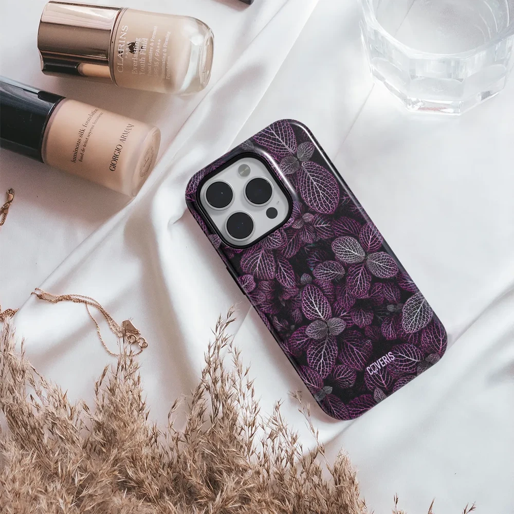 Coveris Telefono dėklas Magsafe "Violetinė leafs" iPhone 12-17, Samsung S22-26, Google Pixel 10/Pro/ProXL modeliams