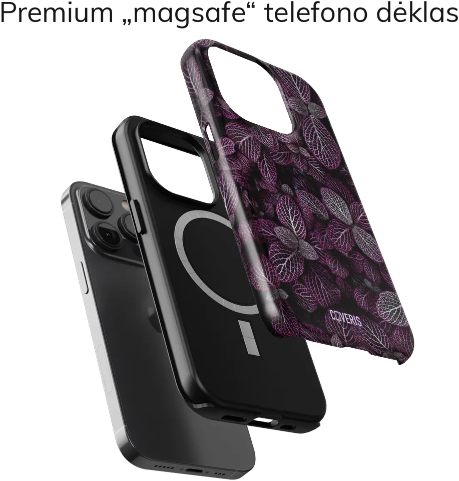 Coveris Telefono dėklas Magsafe "Violetinė leafs" iPhone 12-17, Samsung S22-26, Google Pixel 10/Pro/ProXL modeliams