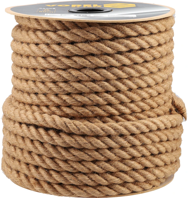 Vorel Džiuto virvė 20 mm, 50 m, statyboms, 3 gijų susukta virvė, natūralaus pluošto virvė, pramoninė virvė