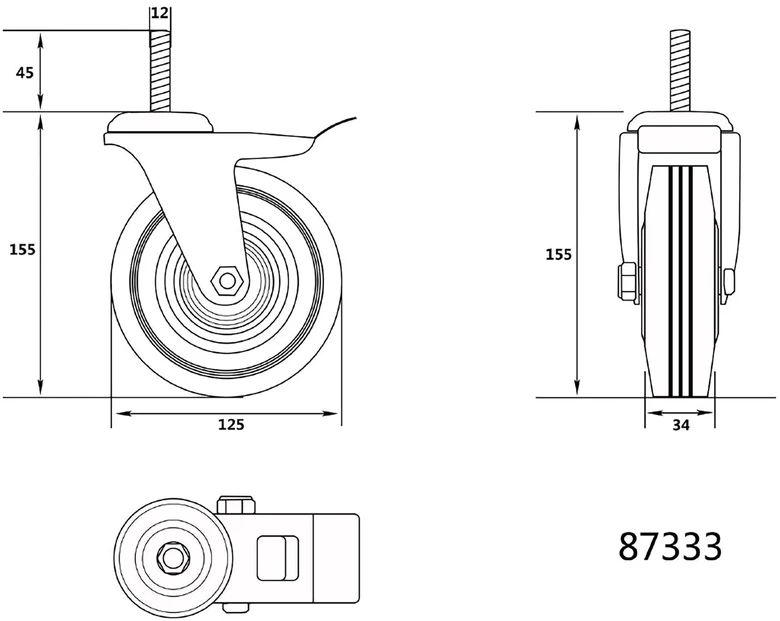 VOREL SUKAMASIS RATUKAS Juodas GUMINIS SU STABDŽIU 125mm