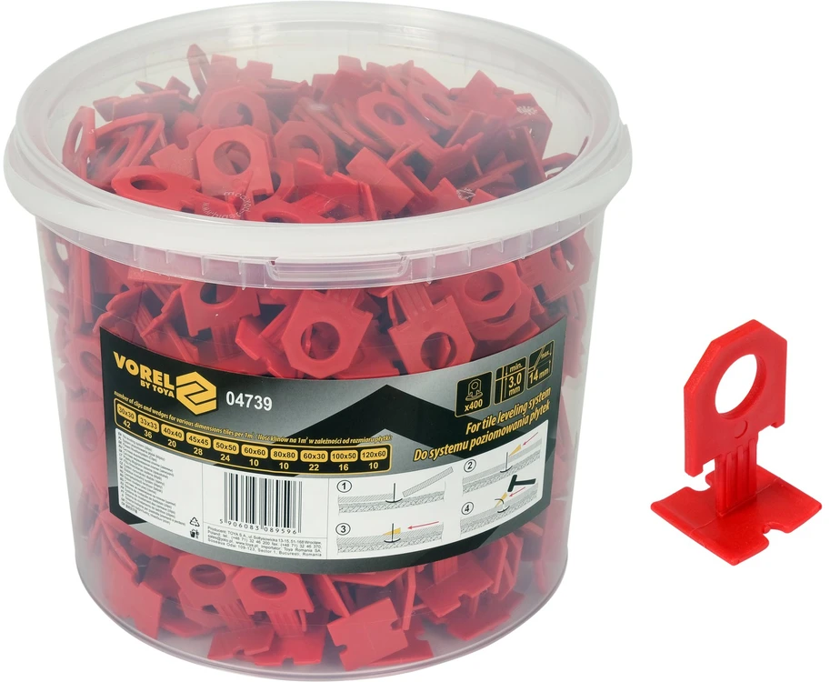 Vorel Plytelių išlyginimo spaustukai 3 mm, 400 vnt., skirti 7-14 mm storio plytelėms, plytelių išlyginimo tarpikliai