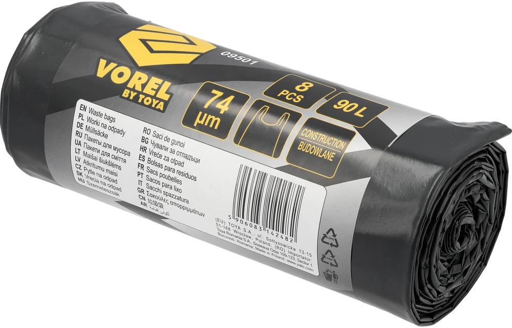 VOREL STATYBINIŲ ATLIEKŲ MAIŠAI SU RANKENOMIS 90L 74µm/ 8vnt