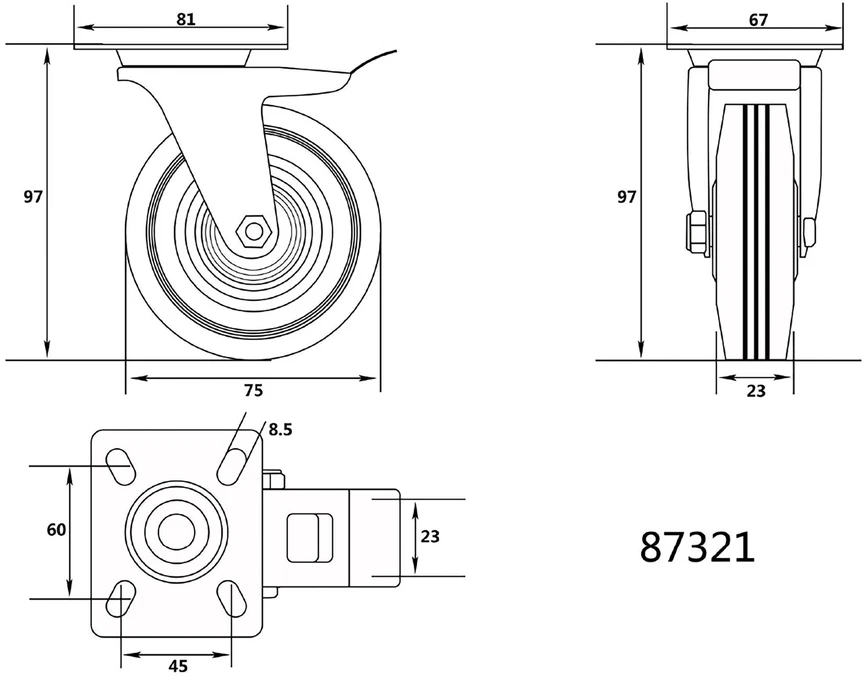 VOREL KOŁO SKRĘTNE Juoda GUMA HAMULEC 75mm 87321