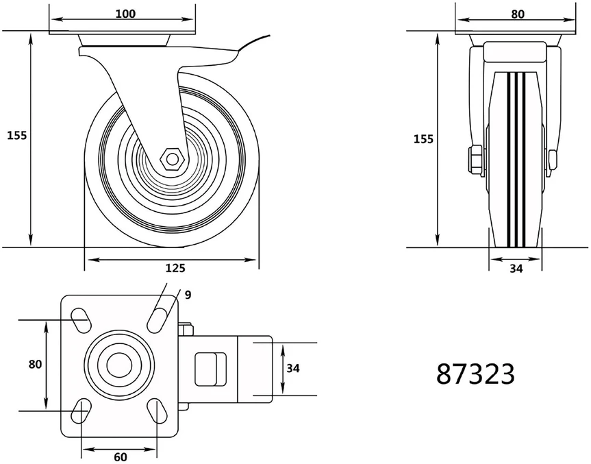 Koło VOREL VAIRAS Juodas GUMINIS STABDYS 125mm 87323