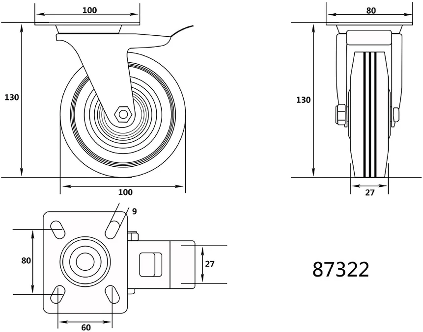 Koło VOREL VAIRAS Juodas GUMINIS STABDYS 100mm 87322