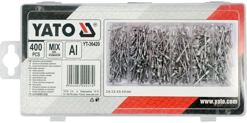 Yato Toya Sa Poland Kniedžių rinkinys dėžutėje | aliumininės aklios kniedės mix | Ø 2,4–4,8 mm | 400 vnt. (YT-36420)