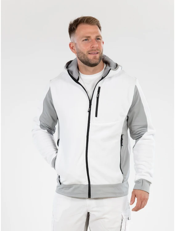 Yato Baltas fleece tipo džemperis su gobtuvu, 2 krypčių tampri medžiaga, darbo drabužiai, žieminė striukė, šiltas fleece, lauko džemperis