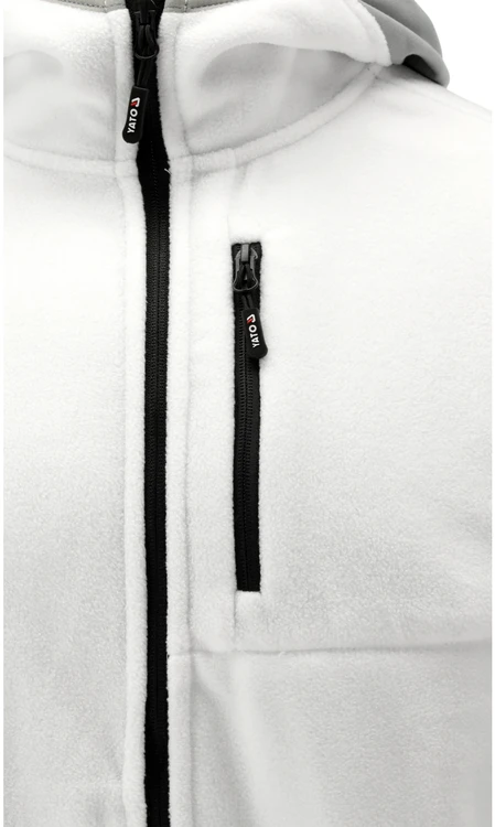 Yato Baltas fleece tipo džemperis su gobtuvu, 2 krypčių tampri medžiaga, darbo drabužiai, žieminė striukė, šiltas fleece, lauko džemperis
