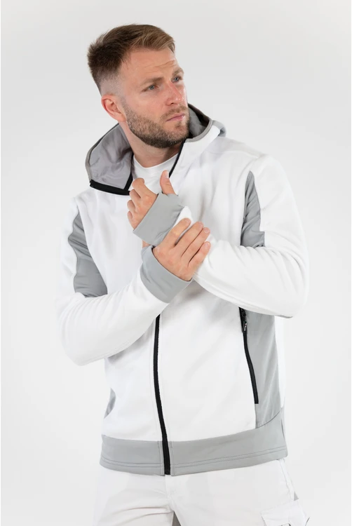 Yato Baltas fleece tipo džemperis su gobtuvu, 2 krypčių tampri medžiaga, darbo drabužiai, žieminė striukė, šiltas fleece, lauko džemperis
