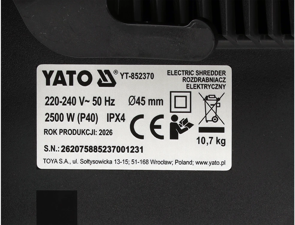 Yato Toya Sa Poland Elektrinis šakų smulkintuvas | 2500 W | iki 45 mm (YT-852370)