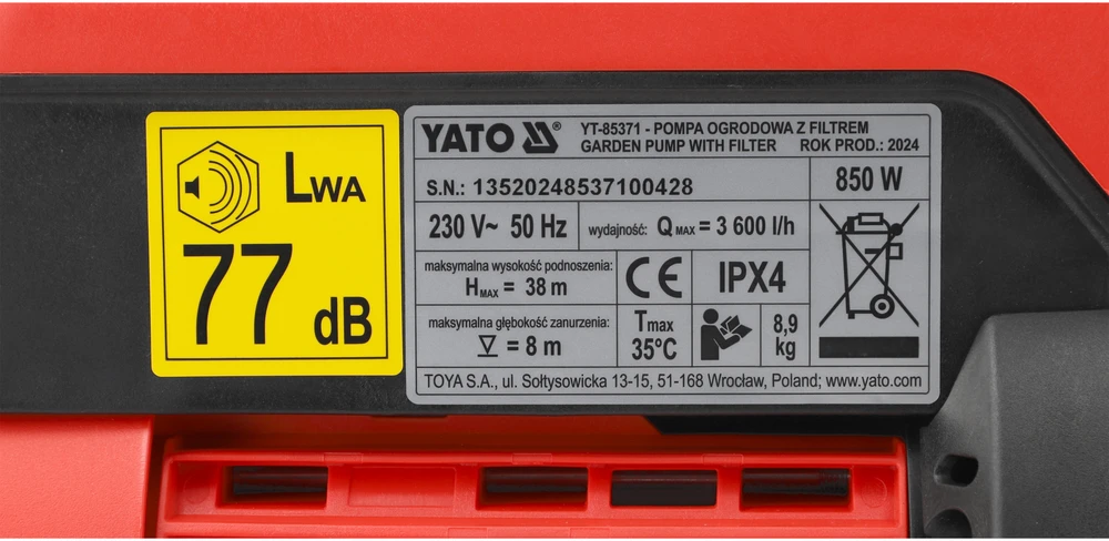 Yato Elektroninis vandens siurblys, sodo drėkinimui, didelis srautas, automatinis veikimas, švaraus vandens perdavimo siurblys