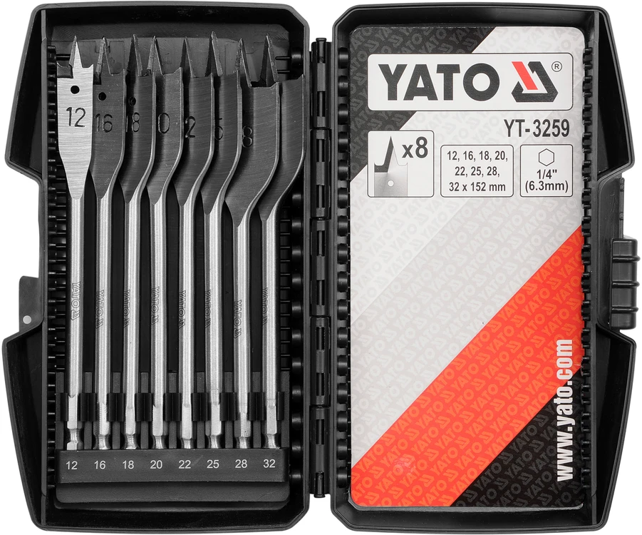 Grąžtas YATO kastuvinių grąžtų rinkinys, 8 vnt., 12–32 mm