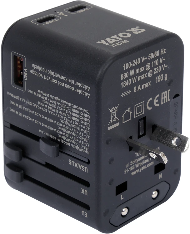 YATO UNIVERSALUS TRAVEL ADAPTER USB / USB-C 65W
