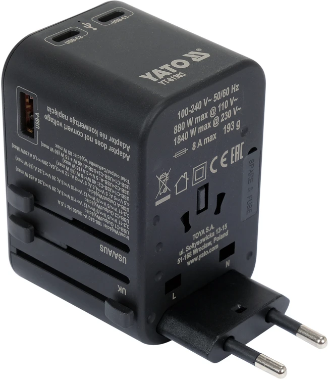 YATO UNIVERSALUS TRAVEL ADAPTER USB / USB-C 65W