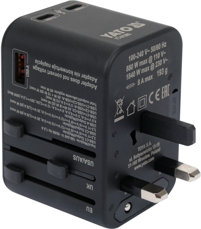 YATO UNIVERSALUS TRAVEL ADAPTER USB / USB-C 65W