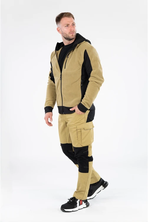 Yato Chaki spalvos flisinis megztinis su gobtuvu, darbo drabužiai, 2XL dydis, šiltas darbo megztinis, poliesterio fliso striukė