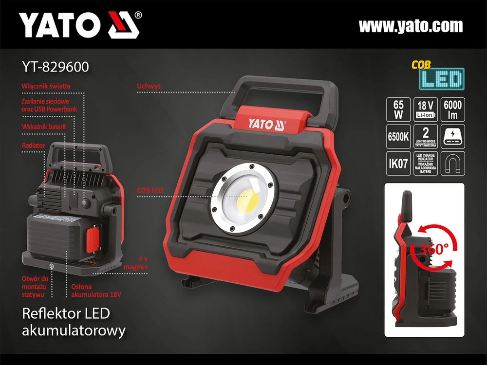 Toya Sa Poland Akumuliatorinis šviesos diodų prožektorius | 18V, 6000 LM, 65W | be akumuliatoriaus (YT-829600)