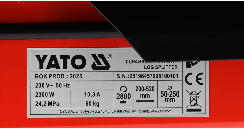 Toya Sa Poland Horizontalus hidraulinis malkų skaldytuvas | 7 t | 2300 W | 230 V (YT-79951)