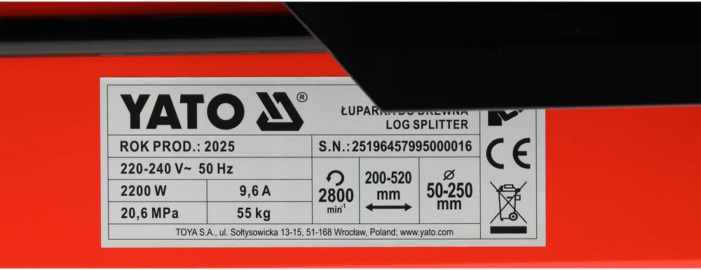 Yato Toya Sa Poland Horizontalus hidraulinis malkų skaldytuvas | 5 t | 2200 W | 230 V (YT-79950)