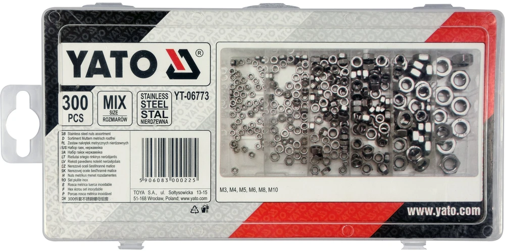 Toya Sa Poland YATO Rinkinys METRICINIAI NERŪDIJANTI RIEŠUTAI 300 vnt. MIX M3, M4, M5, M6, M8, M10