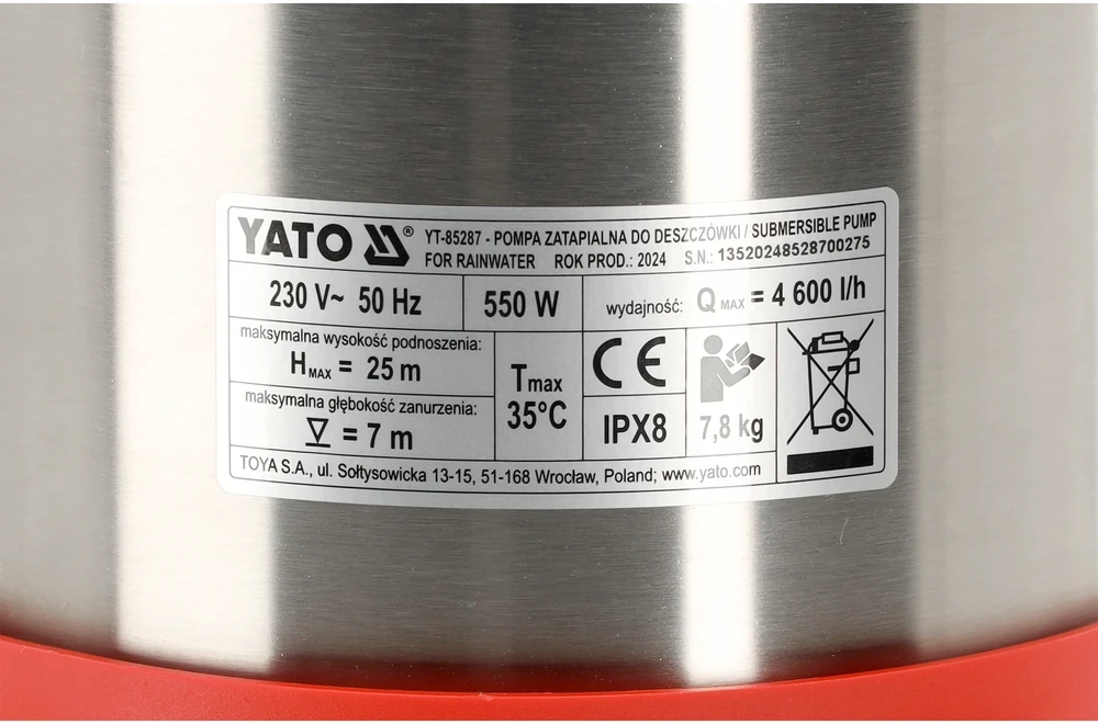 Yato Toya Sa Poland Lietaus vandens siurblys | su plūde | MULTI INOX 550 | automatinis išjungimas (YT-85287)