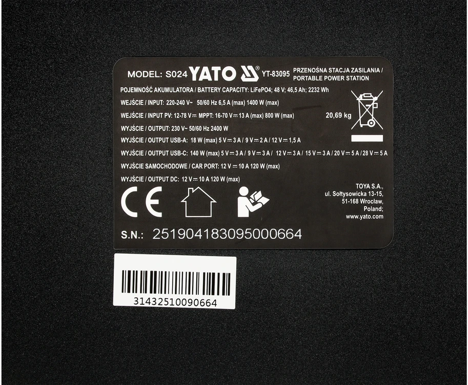 Yato Toya Sa Poland Nešiojama maitinimo stotis LiFePO4 | 2400 W | 2232 Wh (YT-83095)