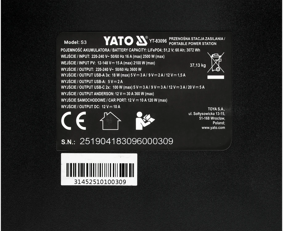 Yato Toya Sa Poland Nešiojama maitinimo stotis LiFePO4 | 3600 W | 3072 Wh (YT-83096)