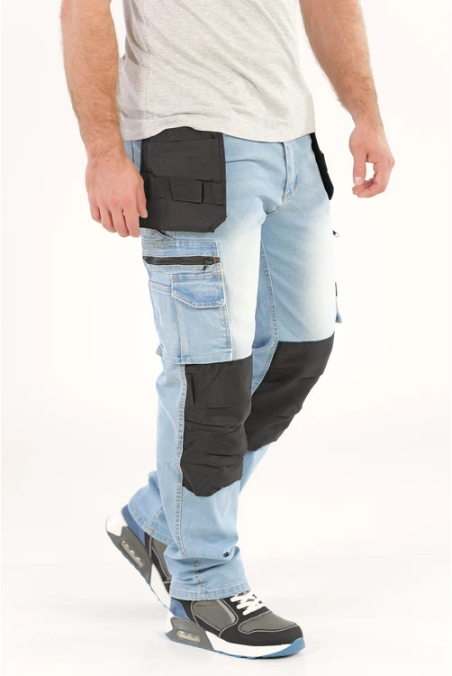 Yato Darbinės kelnės statyboms, tampraus džinso, šviesiai mėlynos spalvos, dydis 2XL, dailidės kelnės, darbo kelnės